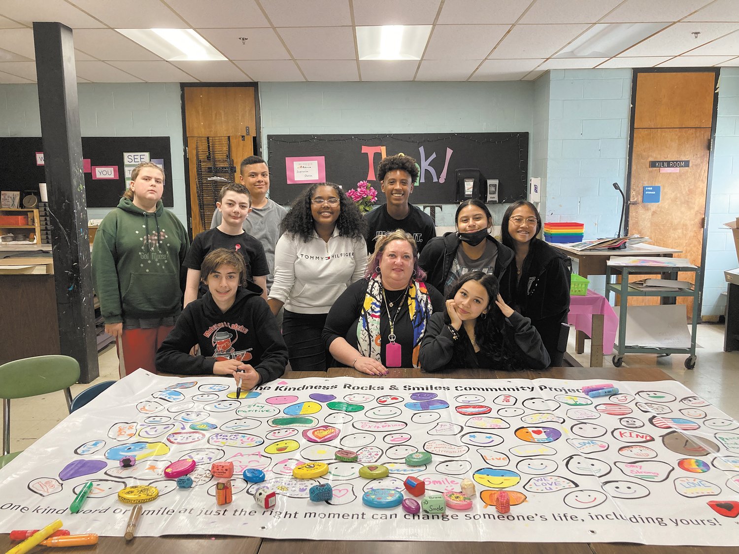 SENDING SUPPORT THROUGH ART: Seventh and eighth grade students in Mary Greim-Gallo’s Western Hills Middle School art class created drawings, kindness rocks and completed a banner to send to a refugee center in Przemysl, Poland, to show their support for Ukrainains. (Herald photo)